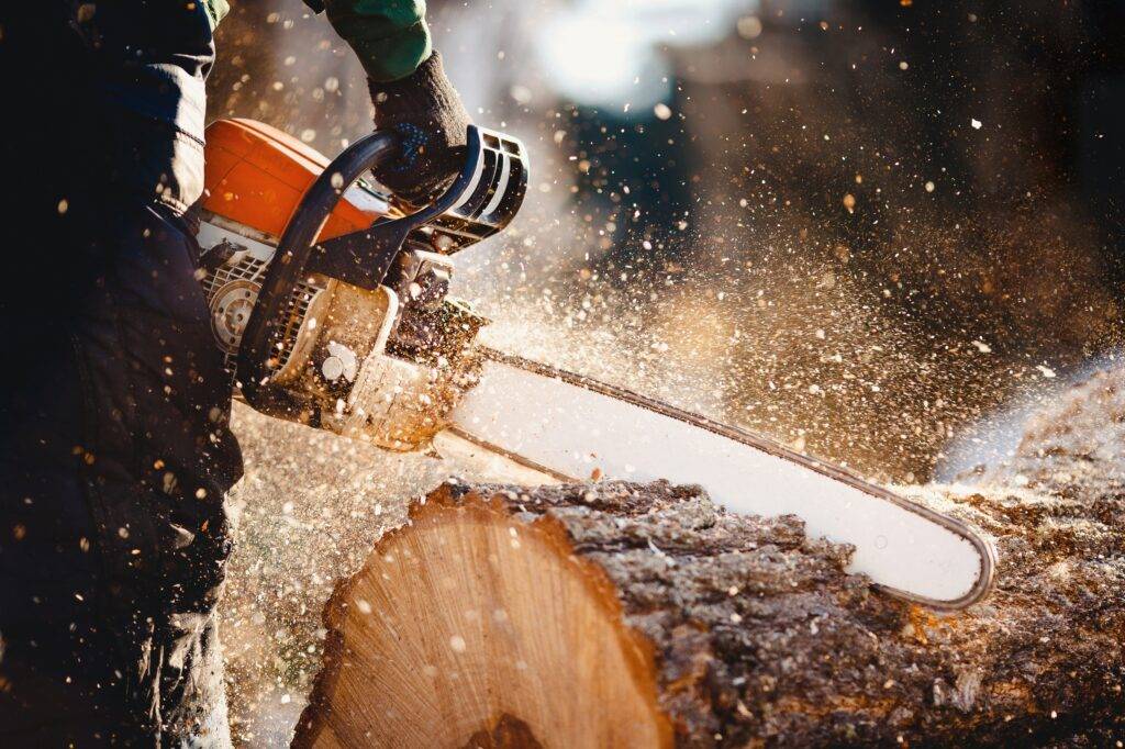 Man operating a chainsaw cutting through wood, illustrating the power and dependability of outdoor power equipment.