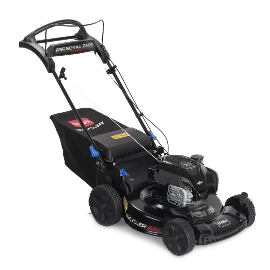 Toro Recycler MAX 21485 gas lawn mower with Personal Pace Auto-Drive and Briggs & Stratton engine, featuring a 22-inch cutting deck and Super Bagger for easy lawn care.