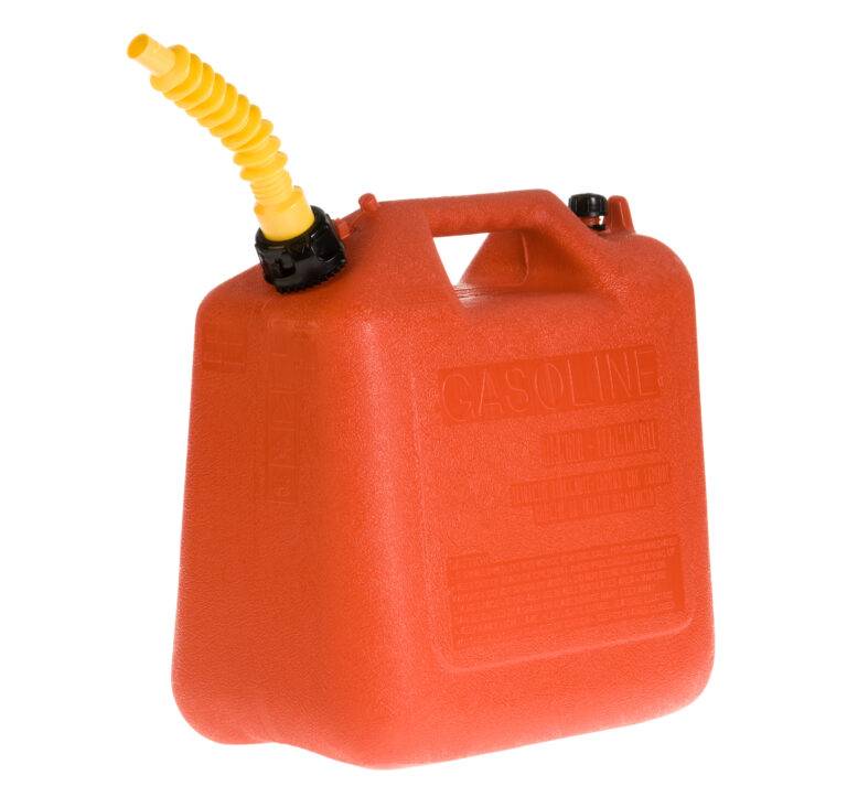 Red gasoline canister with a yellow spout, essential for fuel management in generator maintenance and operation.